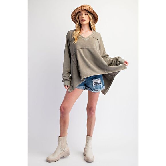 1010 EASEL Medium Mineral Washed Terry Knit V Neck Oversized Top - Picture 5 of 5